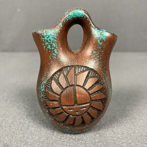 VTG Navajo Pottery Wedding Vase Handmade 1999 Sun Brown Turquoise Rustic Signed